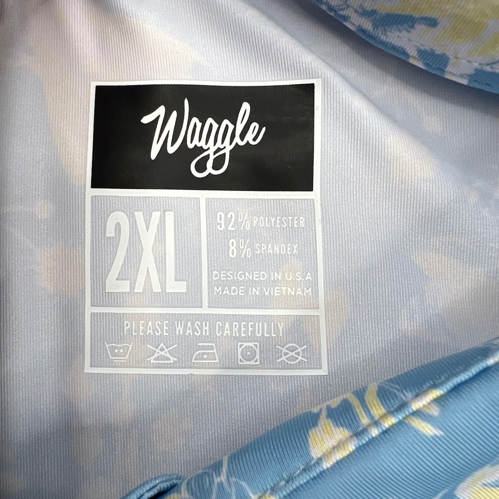 Waggle Buzzin Polo Shirt Mens 2XL Blue Yellow Bee Floral Performance Stretch - Picture 7 of 9